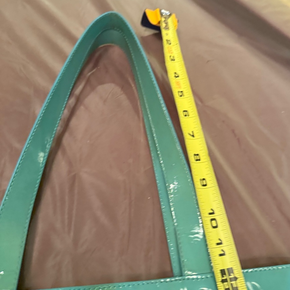 Vintage Y2K Tory Burch Logo Yellow/Teal Patent Leather Large Tote - Picture 5 of 14
